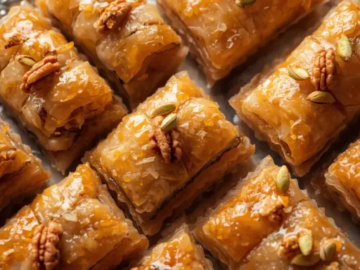 Słodka, złocista baklawa turecka, polana syropem i ozdobiona orzechami włoskimi i pistacjami, kusi swoim wyglądem.