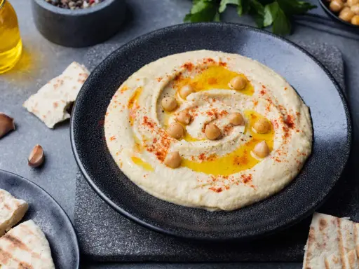 Pyszny, kremowy hummus co to jest? To pasta z ciecierzycy, oliwy, czosnku i przypraw, podana z pitą.