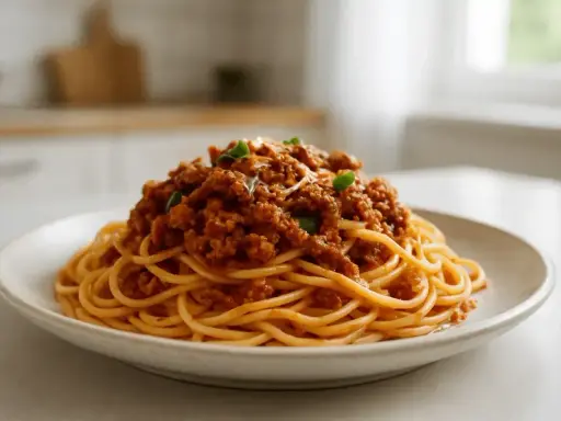 Porcja spaghetti ragu z mielonym mięsem i ziołami na białym talerzu.