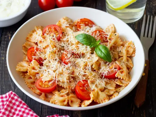 Pyszny makaron farfalle z pomidorkami koktajlowymi i parmezanem, idealny na kolację.