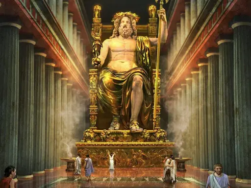 Wielki posąg Zeusa w Olimpii, siedzącego na złotym tronie, otoczony kolumnami. Ludzie oddają mu cześć.