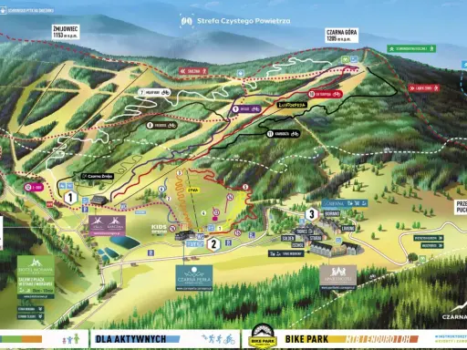 Mapa atrakcji Czarnej Góry: trasy narciarskie, rowerowe (bike park), wyciągi, hotele i punkty widokowe. Idealne miejsce na aktywny wypoczynek.