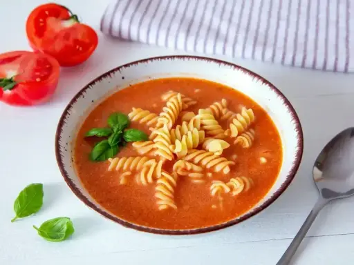 A miseczce zupy pomidorowej z makaronem fusilli, listkami bazylii i połówkami pomidorów obok. Idealne przyprawy do zupy pomidorowej.