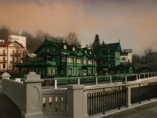 Krynica-Zdrój atrakcje wieczorem: malownicza, zielona willa z restauracją i hotel Mewą w mglistym, jesiennym krajobrazie.
