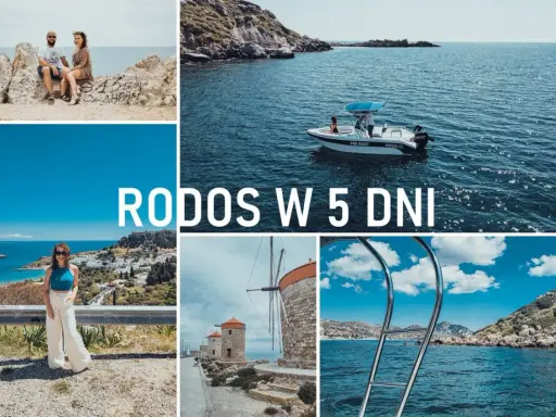 Odkryj Rodos najpiękniejsze miejsca: para na skałach, łódź na morzu, Lindos, wiatraki i widok na zatokę.
