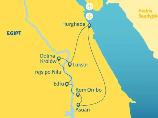 Mapa Egiptu z trasą turystyczną: Hurghada, Luksor, Dolina Królów, rejs po Nilu, Edfu, Kom Ombo, Asuan. Zastanawiasz się, ile się leci do Egiptu?