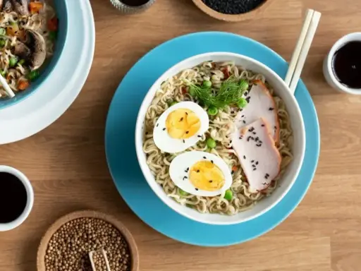 Miseczka z tantanmen, makaronem, jajkiem na twardo, plastrami mięsa i zielonym koperkiem. Obok sos sojowy i nasiona sezamu.
