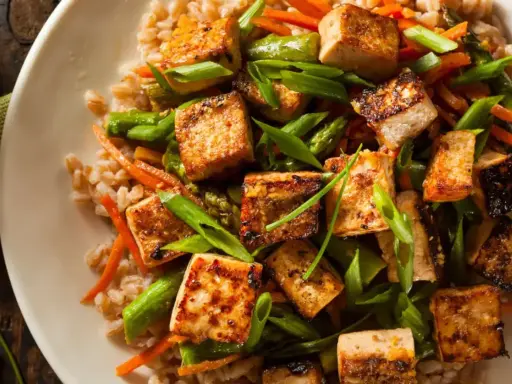 Smażone kostki tofu z warzywami i kaszą. Idealny pomysł, jak przyrządzić tofu na obiad.