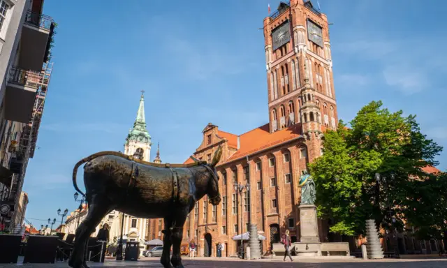 Pomysł na co w Toruniu na weekend? Zobacz Rynek Staromiejski z pomnikiem osiołka i Ratuszem Staromiejskim.