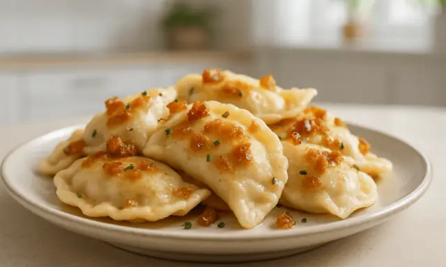 Pyszne pierogi ruskie, jak u babci, polane skwarkami i posypane szczypiorkiem.