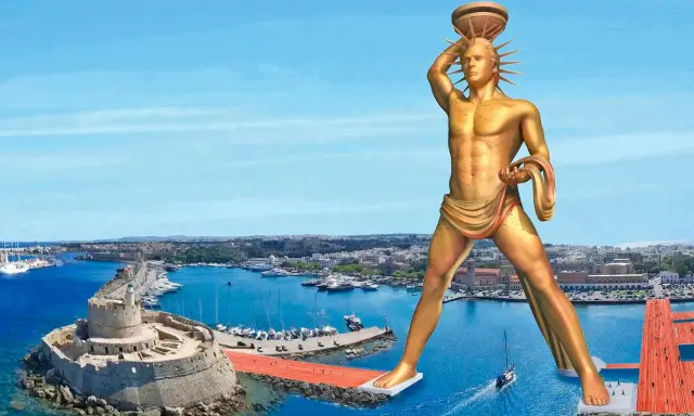 Wyobraź sobie, że Kolos z Rodos stoi na straży portu, jego złota postać góruje nad miastem i morzem.