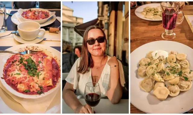 Kobieta z kieliszkiem wina i dania z restauracji w Warszawie. Odkryj nietypowe restauracje Warszawa i ich pyszne potrawy.