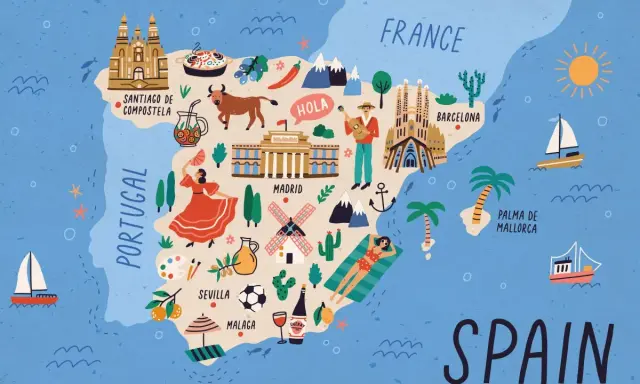 Ilustrowana mapa Hiszpanii pełna ciekawostek: flamenco, byki, Sagrada Familia, paella i słońce.