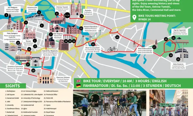 Mapa Wrocławia z zaznaczoną trasą rowerową. Poznaj ciekawostki o Wrocławiu, zwiedzając 30 atrakcji, w tym Rynek, Ostrów Tumski i Halę Stulecia.