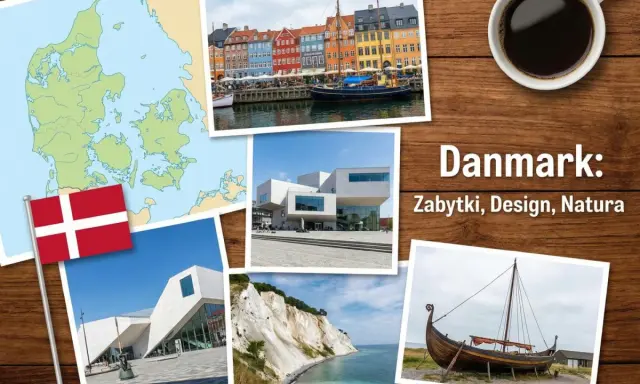 Kawa i Danii: ciekawostki o zabytkach, designie i naturze. Mapa, flaga, kolorowe kamienice, nowoczesne budynki, klify i łódź wikingów.