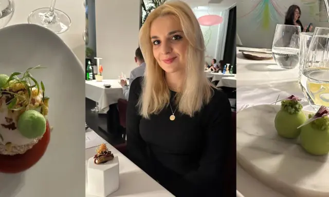 Kobieta w eleganckiej restauracji z gwiazdką Michelin w Polsce. Na stole wykwintne dania i napoje.