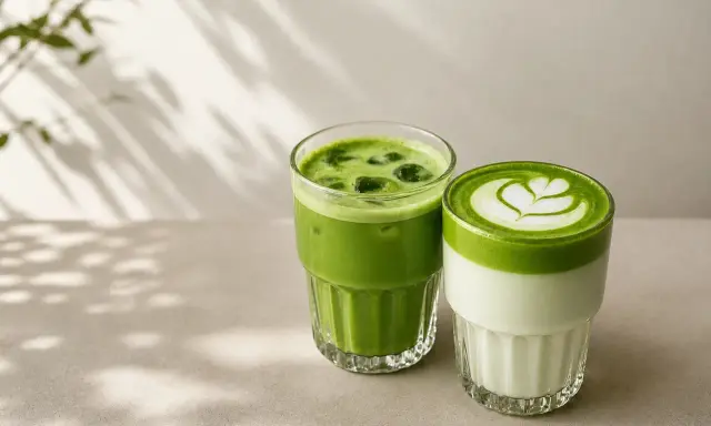Dwa orzeźwiające napoje matcha w szklankach. Jeden z lodem, drugi z pianką i wzorem. Idealny matcha przepis na lato.