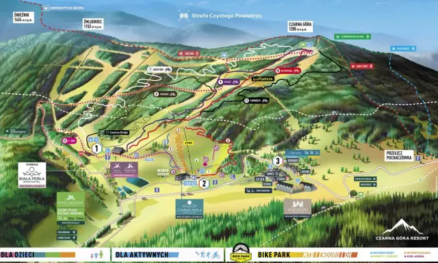 Mapa atrakcji Czarnej Góry: trasy narciarskie, rowerowe (bike park), wyciągi, hotele i punkty widokowe. Idealne miejsce na aktywny wypoczynek.