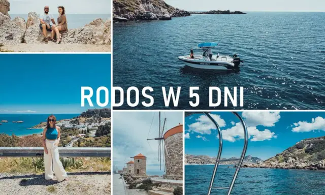 Odkryj Rodos najpiękniejsze miejsca: para na skałach, łódź na morzu, Lindos, wiatraki i widok na zatokę.