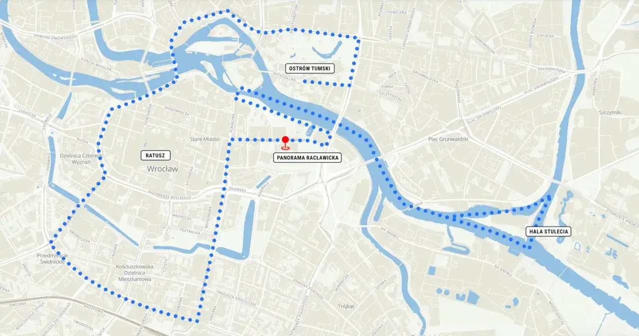Mapa Wrocławia z zaznaczoną trasą spacerową, idealną na wycieczki jednodniowe z Wrocławia. Widoczne Ratusz, Panorama Racławicka i Hala Stulecia.