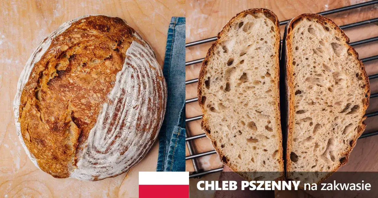 Chleb pszenny na zakwasie, pachnący jak u babci. Złocista skórka i puszysty miąższ z widocznymi pęcherzykami powietrza.