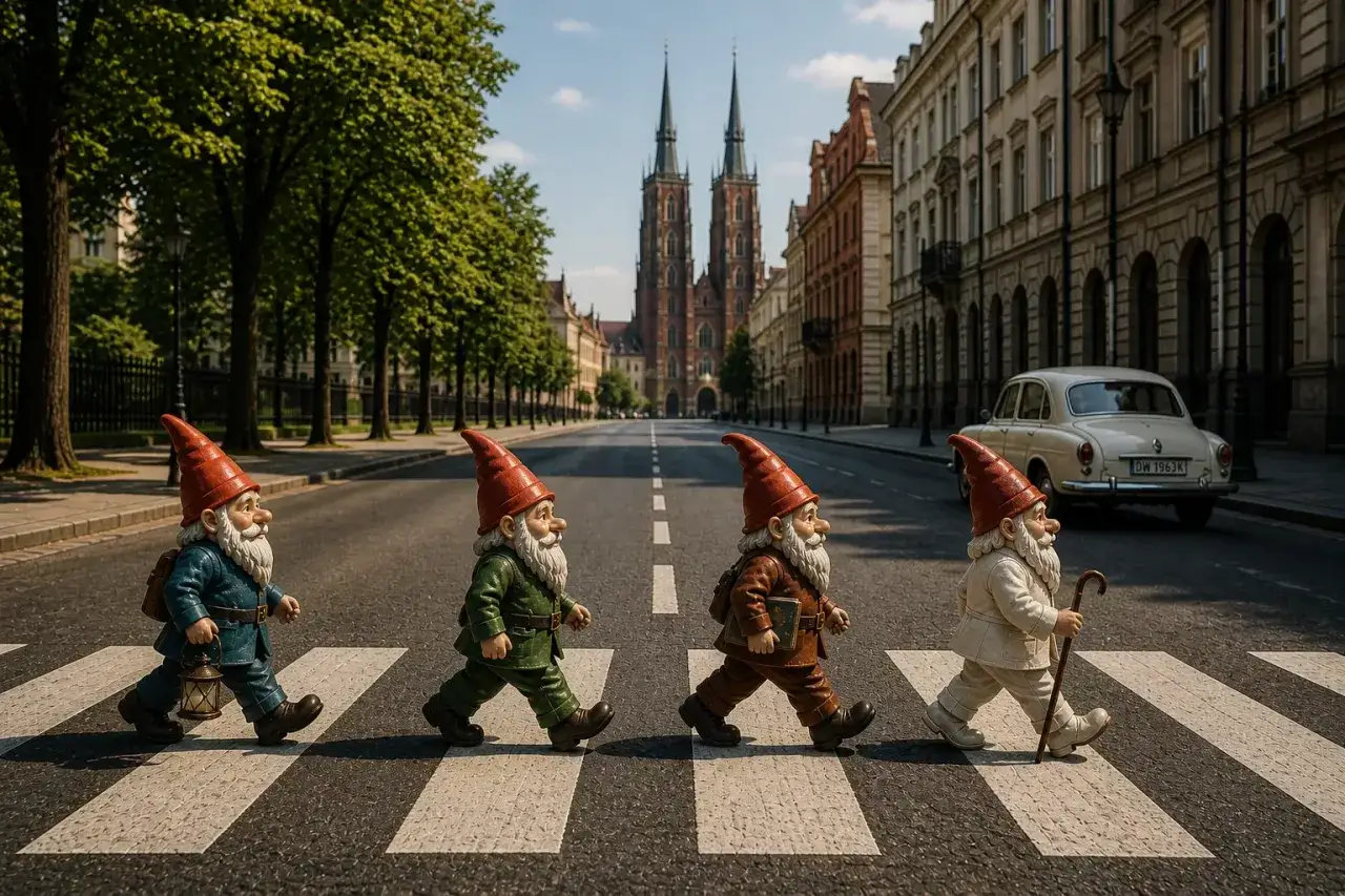 Cztery krasnale idą przez pasy na tle wrocławskiej katedry. Ciekawe, jakie ciekawostki o Wrocławiu odkryją?