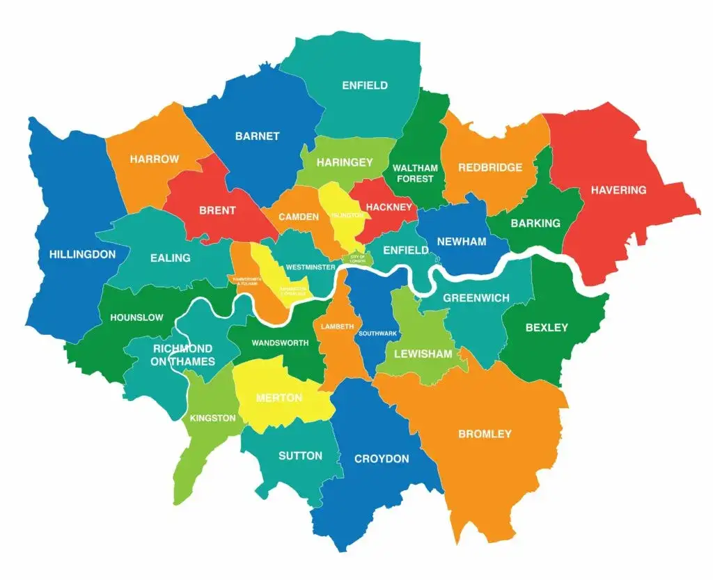 Mapa stref komunikacyjnych Londynu z zaznaczonymi dzielnicami turystycznymi