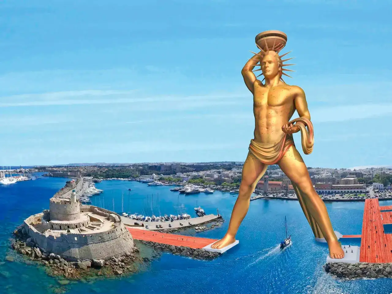 Kolos z Rodos, złoty gigant, stoi nad portem, strzegąc miasta i morza.
