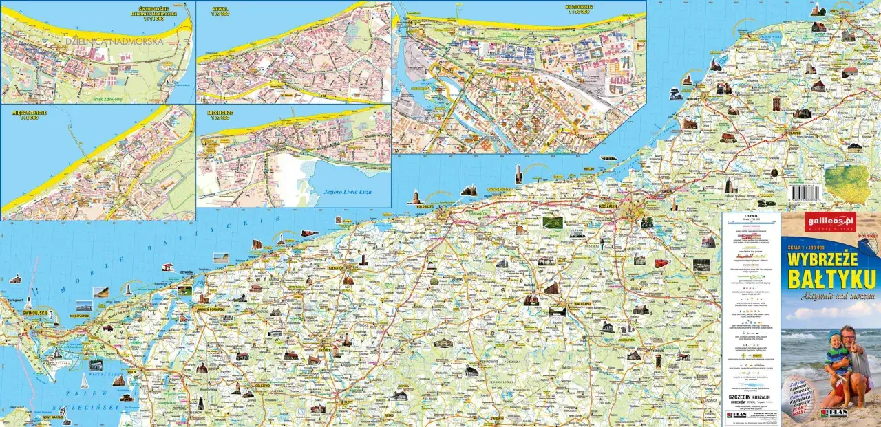 Mapa turystyczna wybrzeża Bałtyku z zaznaczonymi miejscowościami: Świnoujście, Międzyzdroje, Rewal, Niechorze, Kołobrzeg, Darłowo, Ustka, Słupsk, Łeba.