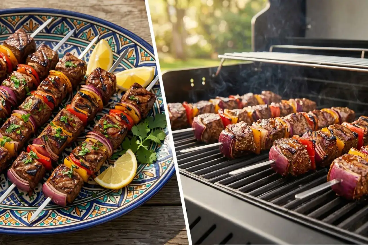 Prawdziwy kebab na patykach z warzywami i cytryną, część na talerzu, część na grillu.
