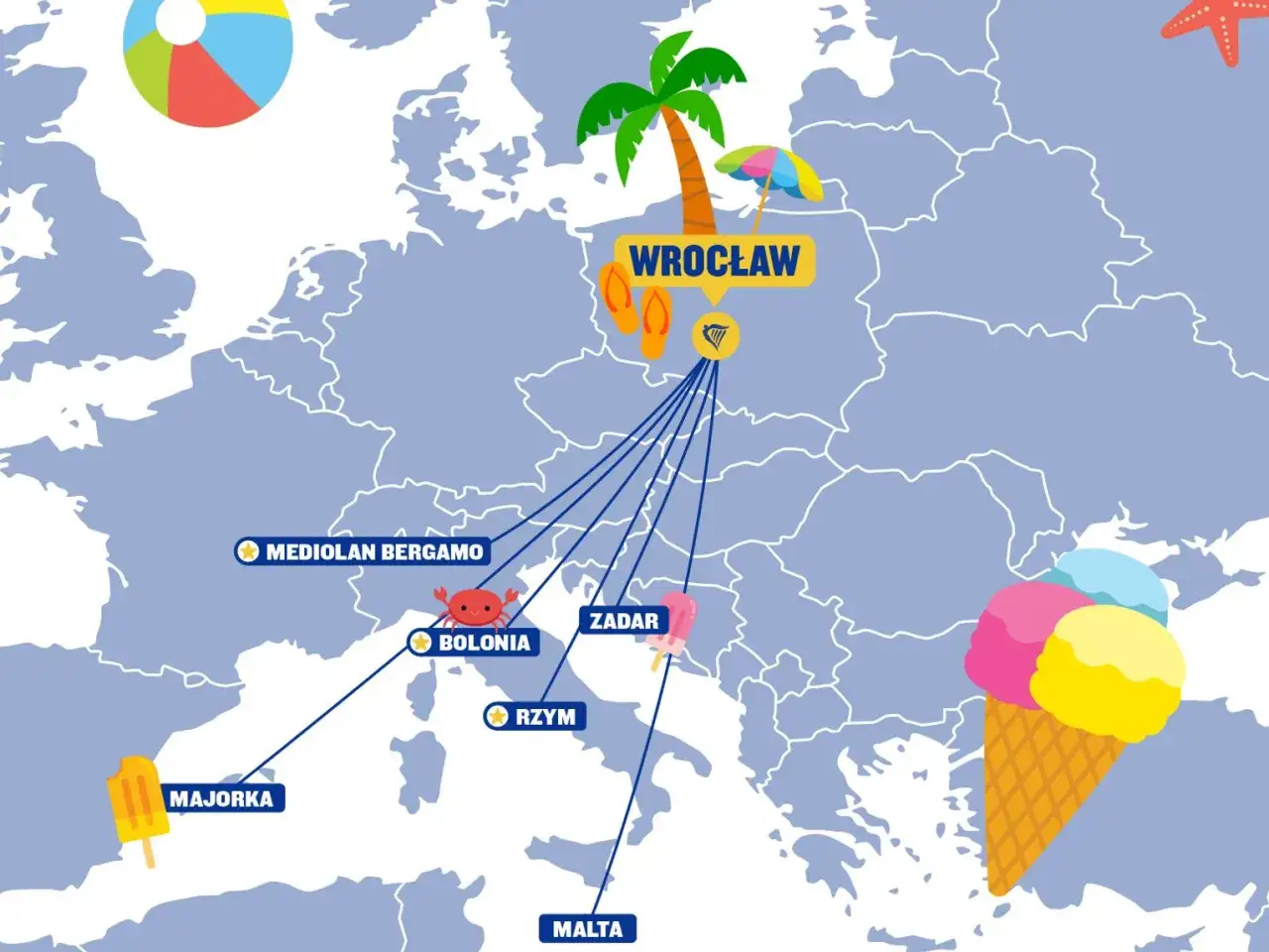 Mapa Europy z zaznaczonym Wrocławiem i kierunkami lotów na wakacje: Majorka, Bolonia, Rzym, Mediolan Bergamo, Zadar, Malta. Sprawdź, ile się leci na Majorkę!