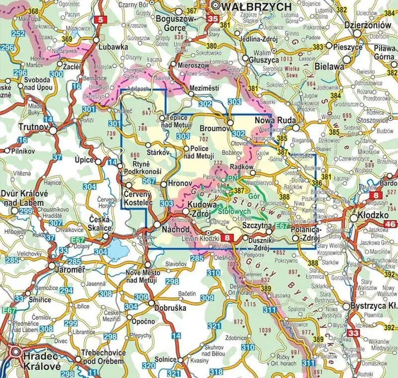 Mapa Gór Stołowych z zaznaczonymi miejscowościami i atrakcjami