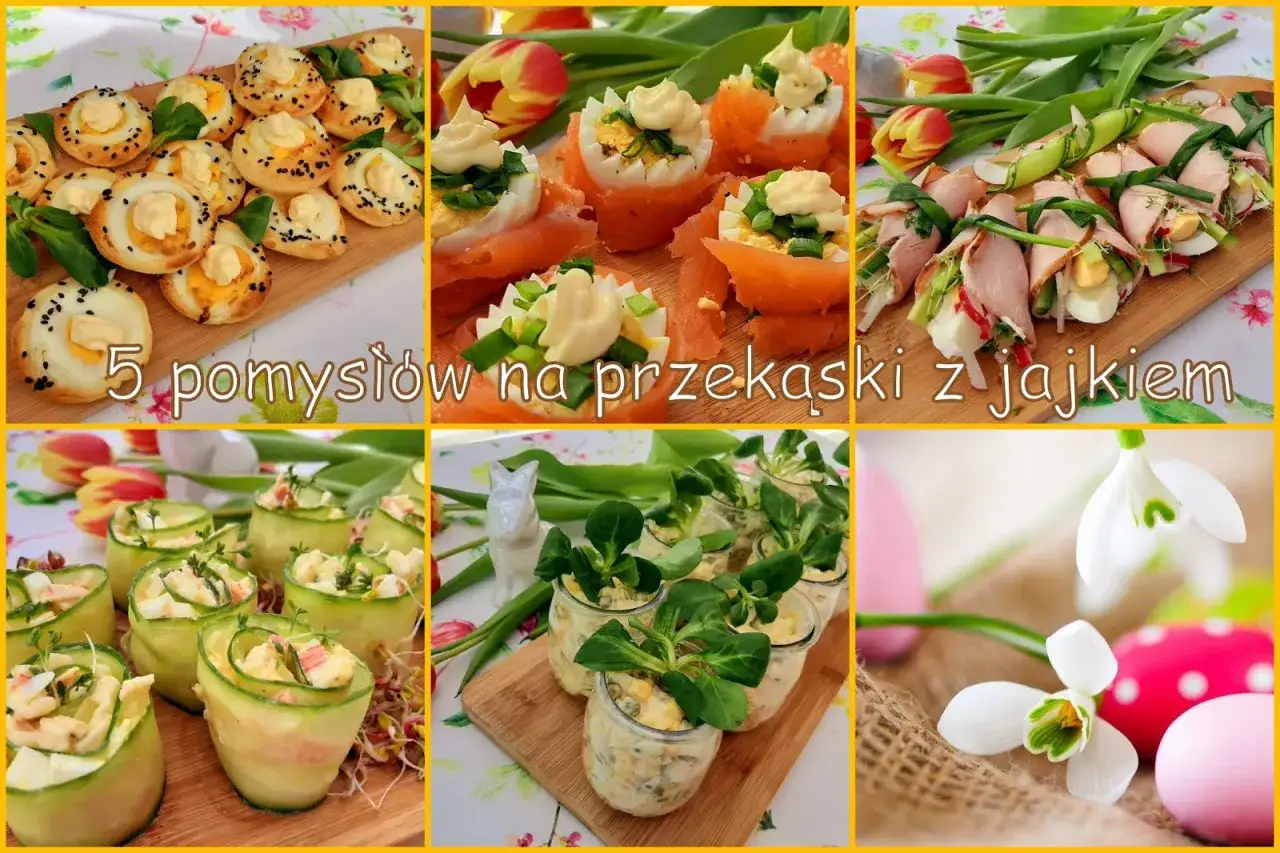 Pięć pomysłów na przekąski na Wielkanoc: jajka faszerowane, roladki z szynki, ogórkowe łódeczki, sałatka w słoiczkach i babeczki z jajkiem.
