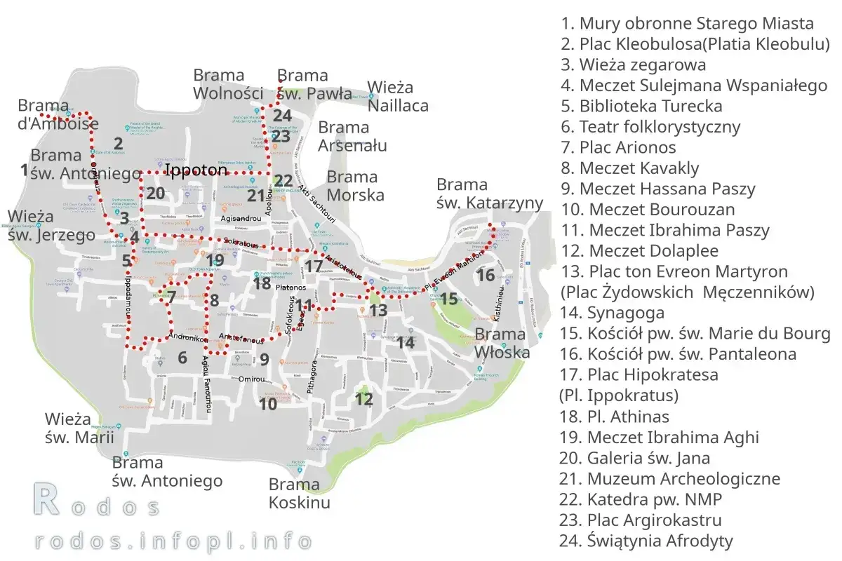 Mapa Starego Miasta Rodos z zaznaczoną trasą turystyczną. Odkryj rodos najpiękniejsze miejsca, od murów obronnych po świątynię Afrodyty.