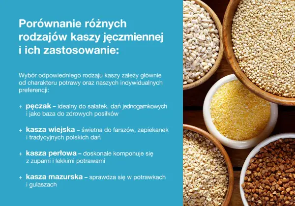 Różne rodzaje kasz: pęczak, wiejska, perłowa i mazurska, z ich zastosowaniami w kuchni.